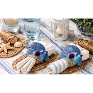VTG Hand Painted Carved Wooden Tropical Fish Sea Napkin Holders Rings Set of 8